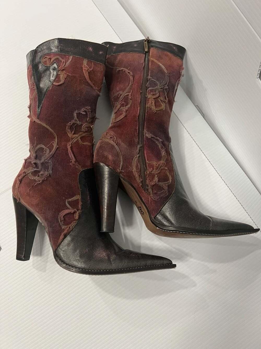 Vintage  Italian Artisan Distressed Corduroy and Leather Pointed Toe Boots - Picture 4 of 7